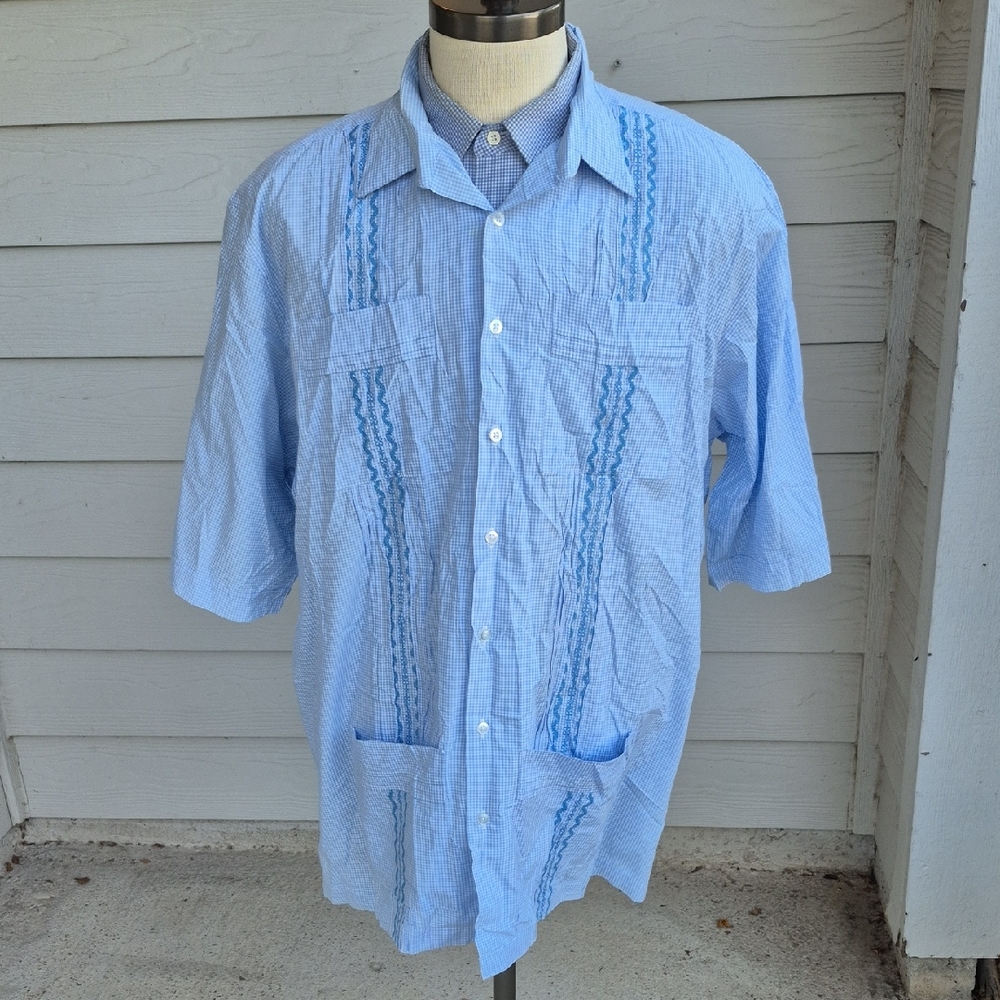 SAN‎ CRISTOBAL Guayaberas Blue White Plaid Embroidered Sz XXL Short Sleeve Shirt